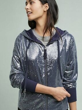 Anthropologie Sequin Hoodie Zip Up Blue Pewter